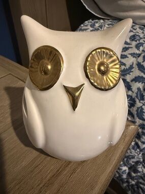 Ceramic Owl Figurine with Gold Accents